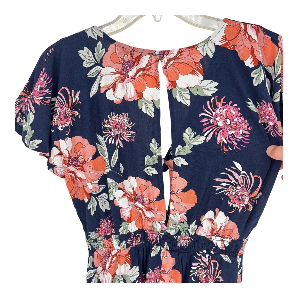 Lulus Mini Dress Navy Floral Tie Front Keyhole Back Short Sleeve Size S - Picture 2 of 6